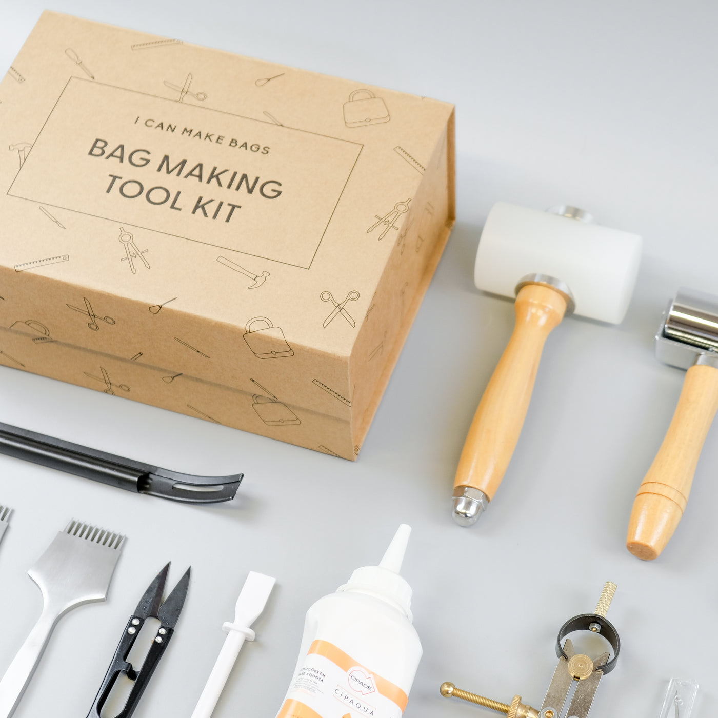 Bag making toolkit for hand stitching luxury leather bags from home. 