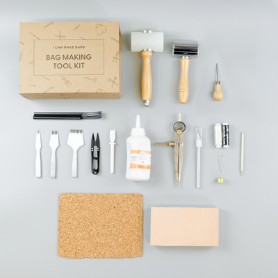 Bag making toolkit for hand stitching luxury leather bags from home. 